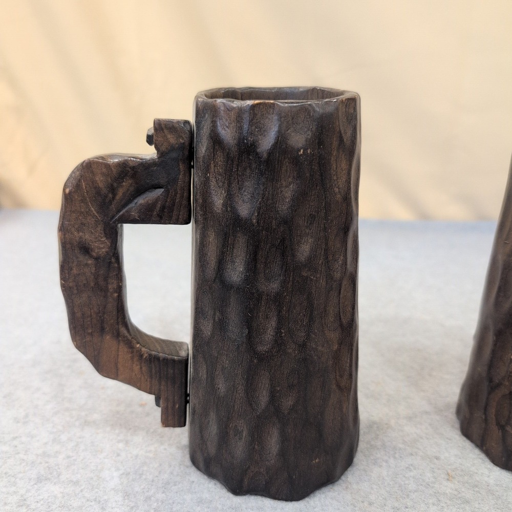 Vintage Hand Carved Wooden Mug Coat of Arms of Toledo, Spain Set of 2 Dark Wood - Picture 4 of 8